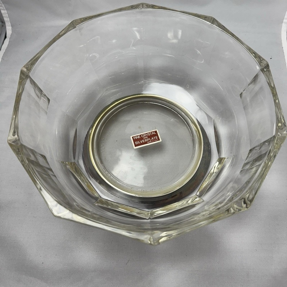 Vintage Crystal 10 Sided Paneled Bowl Silver‎ Plate Base Made In Italy Heavy